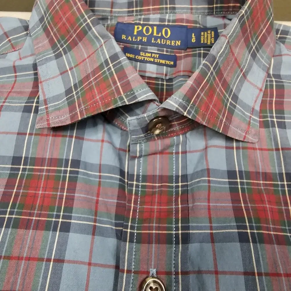 Polo Ralph Lauren Shirt Large Blue Plaid Slim Fit Stretch Preppy Academia Ivy